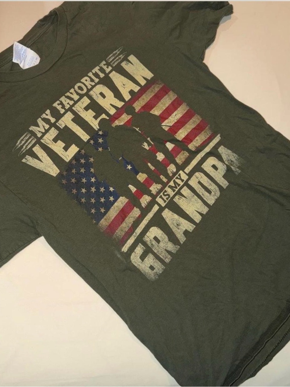 Port and Company Olive Green Graphic Tee with Red, Blue and Cream Print